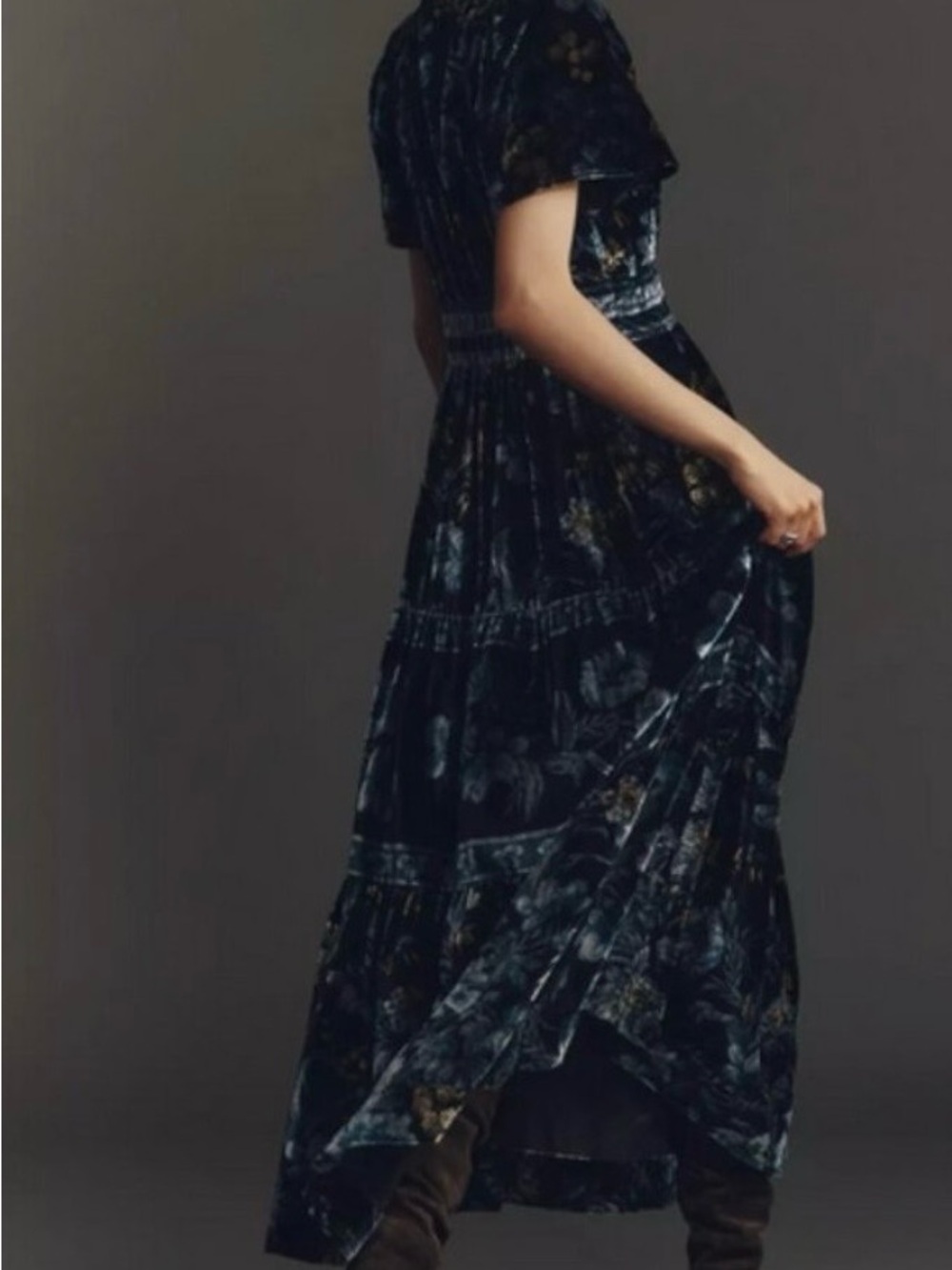 NWT Anthropologie Velvet Floral Somerset Midi Dress in Deep Blue-Black - Picture 6 of 11